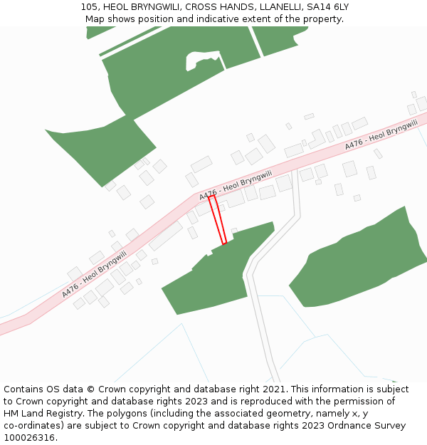105, HEOL BRYNGWILI, CROSS HANDS, LLANELLI, SA14 6LY: Location map and indicative extent of plot