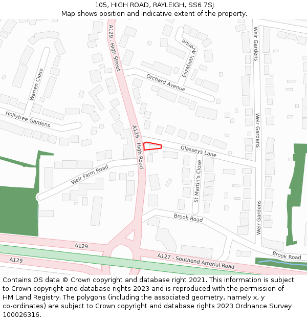 105, HIGH ROAD, RAYLEIGH, SS6 7SJ: Location map and indicative extent of plot