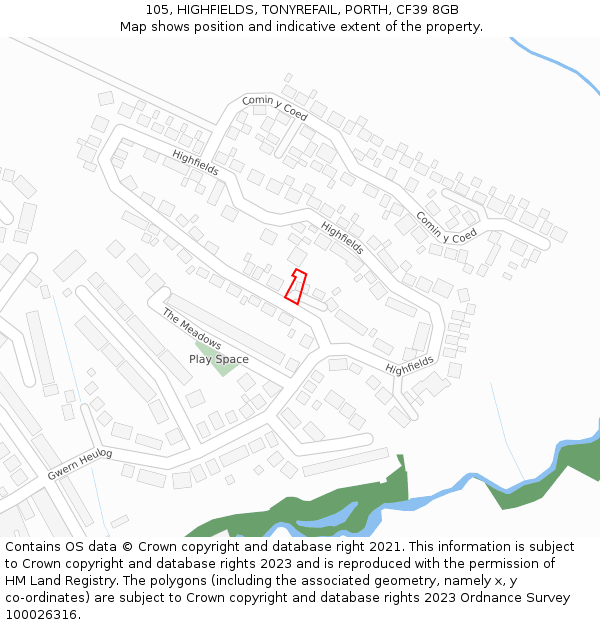 105, HIGHFIELDS, TONYREFAIL, PORTH, CF39 8GB: Location map and indicative extent of plot