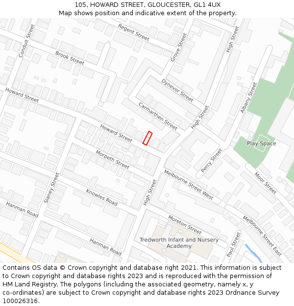 105, HOWARD STREET, GLOUCESTER, GL1 4UX: Location map and indicative extent of plot