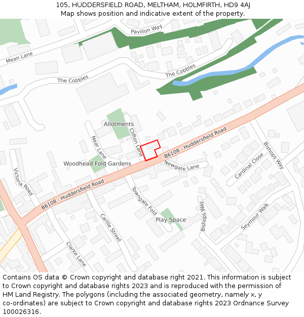 105, HUDDERSFIELD ROAD, MELTHAM, HOLMFIRTH, HD9 4AJ: Location map and indicative extent of plot