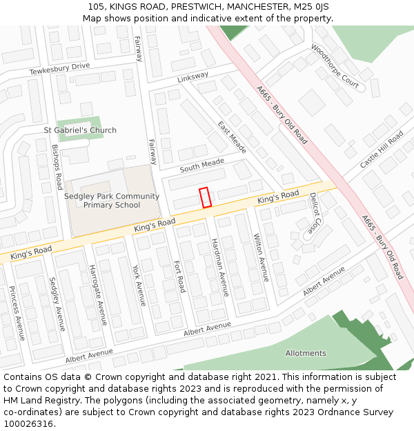 105, KINGS ROAD, PRESTWICH, MANCHESTER, M25 0JS: Location map and indicative extent of plot