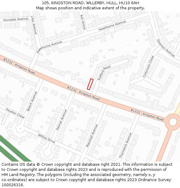 105, KINGSTON ROAD, WILLERBY, HULL, HU10 6AH: Location map and indicative extent of plot
