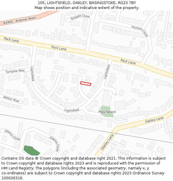 105, LIGHTSFIELD, OAKLEY, BASINGSTOKE, RG23 7BY: Location map and indicative extent of plot