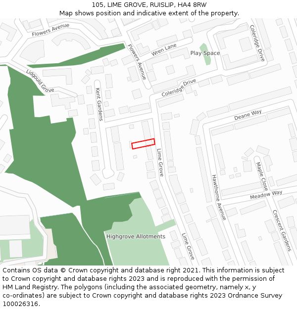 105, LIME GROVE, RUISLIP, HA4 8RW: Location map and indicative extent of plot