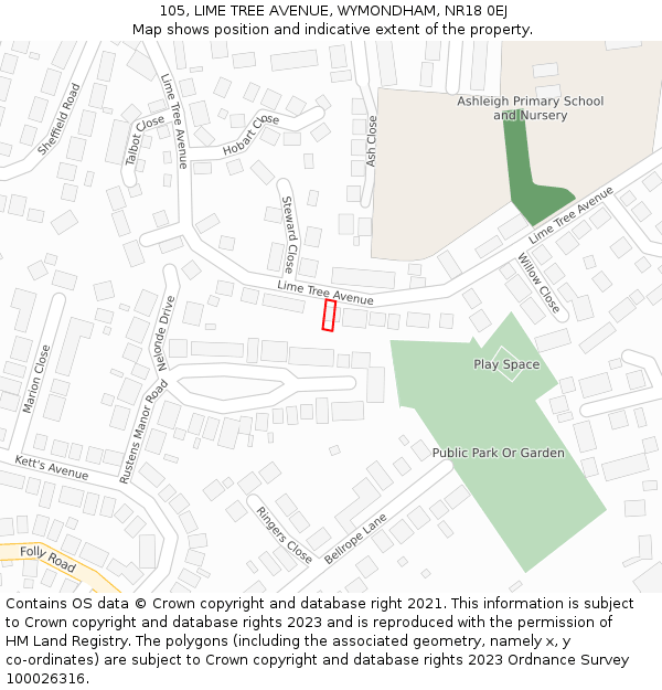 105, LIME TREE AVENUE, WYMONDHAM, NR18 0EJ: Location map and indicative extent of plot