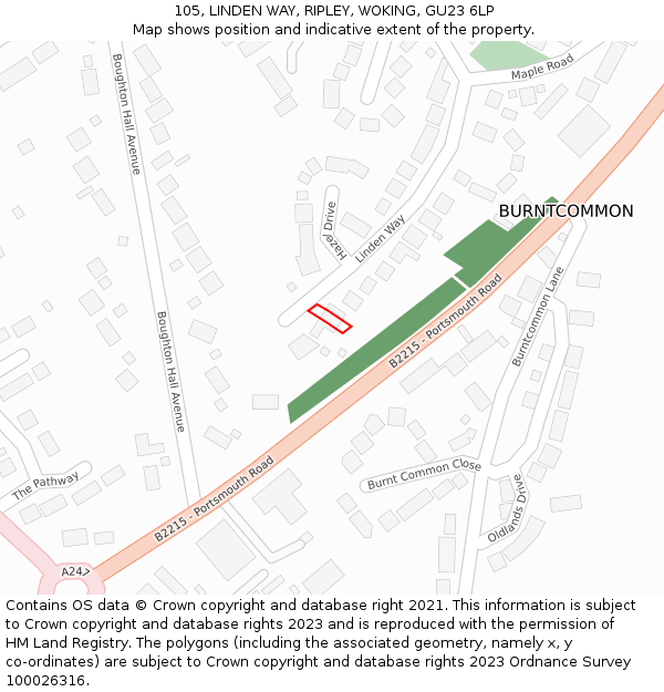 105, LINDEN WAY, RIPLEY, WOKING, GU23 6LP: Location map and indicative extent of plot