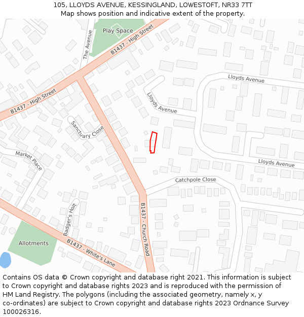 105, LLOYDS AVENUE, KESSINGLAND, LOWESTOFT, NR33 7TT: Location map and indicative extent of plot