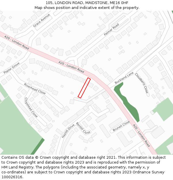 105, LONDON ROAD, MAIDSTONE, ME16 0HF: Location map and indicative extent of plot