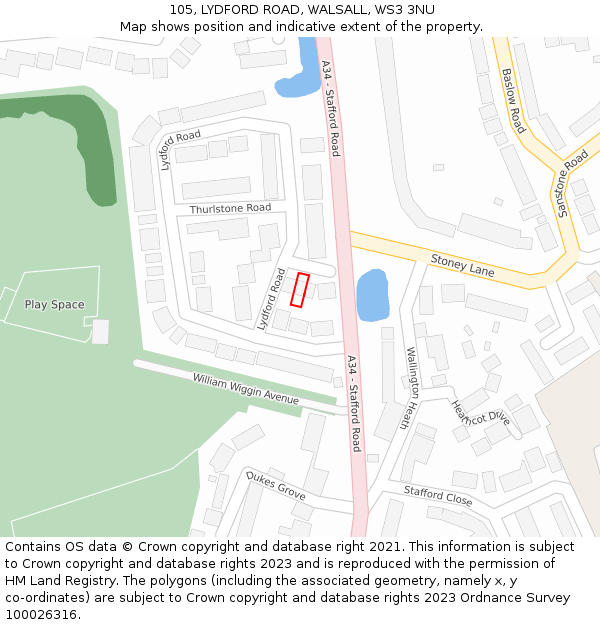 105, LYDFORD ROAD, WALSALL, WS3 3NU: Location map and indicative extent of plot