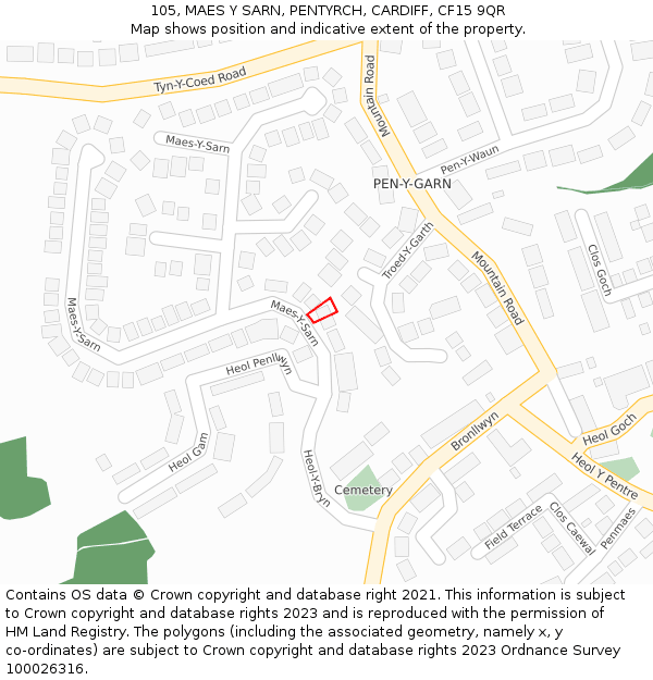 105, MAES Y SARN, PENTYRCH, CARDIFF, CF15 9QR: Location map and indicative extent of plot