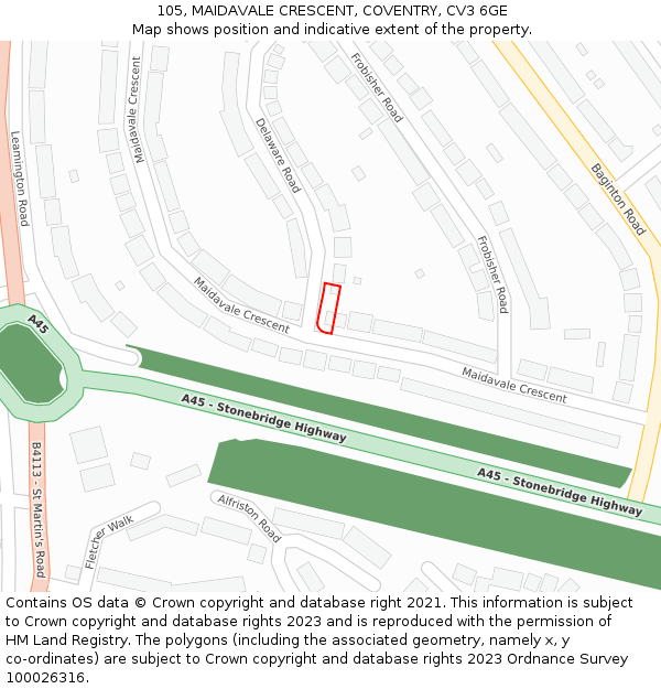 105, MAIDAVALE CRESCENT, COVENTRY, CV3 6GE: Location map and indicative extent of plot