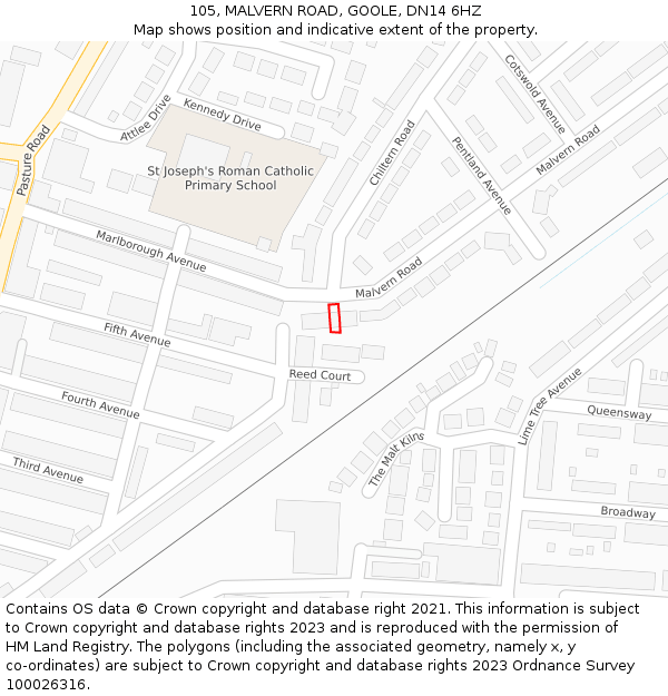 105, MALVERN ROAD, GOOLE, DN14 6HZ: Location map and indicative extent of plot