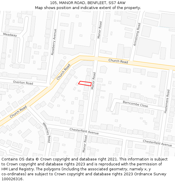 105, MANOR ROAD, BENFLEET, SS7 4AW: Location map and indicative extent of plot