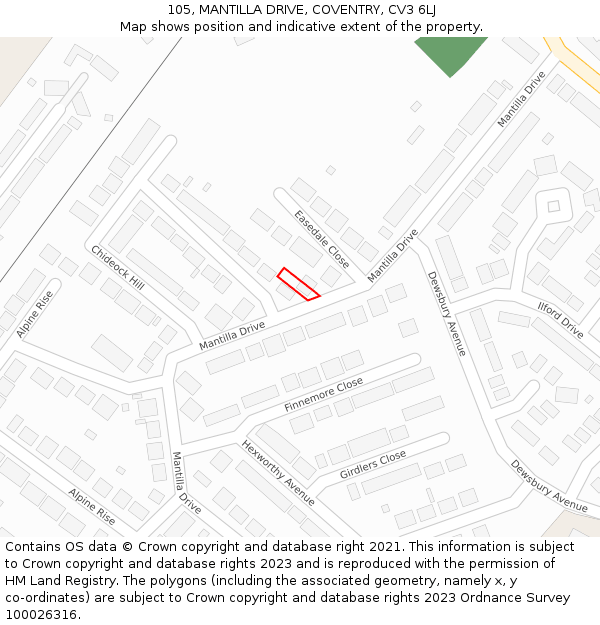 105, MANTILLA DRIVE, COVENTRY, CV3 6LJ: Location map and indicative extent of plot