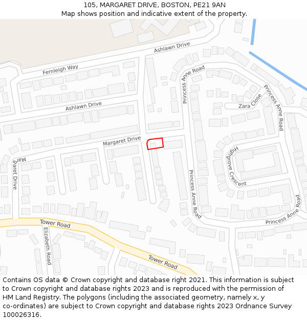 105, MARGARET DRIVE, BOSTON, PE21 9AN: Location map and indicative extent of plot