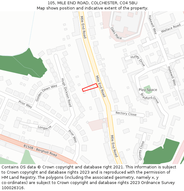 105, MILE END ROAD, COLCHESTER, CO4 5BU: Location map and indicative extent of plot