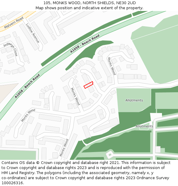 105, MONKS WOOD, NORTH SHIELDS, NE30 2UD: Location map and indicative extent of plot