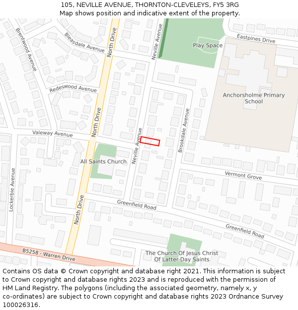 105, NEVILLE AVENUE, THORNTON-CLEVELEYS, FY5 3RG: Location map and indicative extent of plot