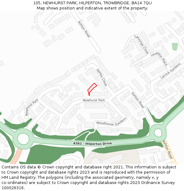 105, NEWHURST PARK, HILPERTON, TROWBRIDGE, BA14 7QU: Location map and indicative extent of plot