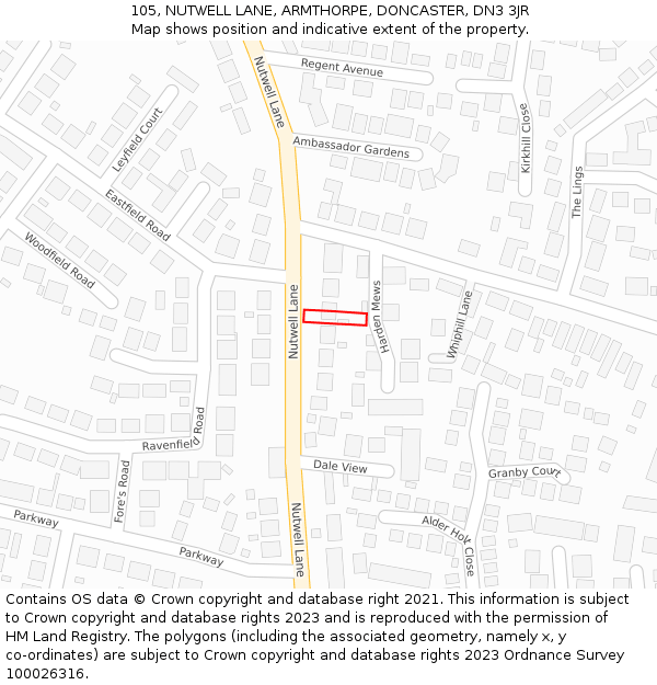 105, NUTWELL LANE, ARMTHORPE, DONCASTER, DN3 3JR: Location map and indicative extent of plot