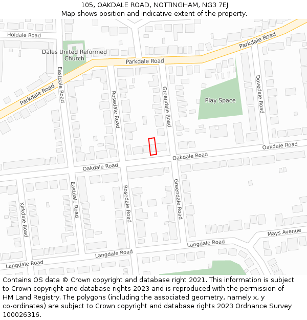 105, OAKDALE ROAD, NOTTINGHAM, NG3 7EJ: Location map and indicative extent of plot