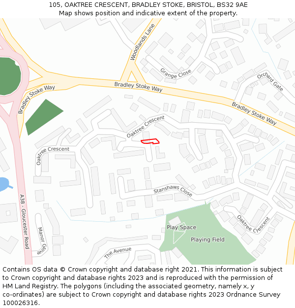 105, OAKTREE CRESCENT, BRADLEY STOKE, BRISTOL, BS32 9AE: Location map and indicative extent of plot