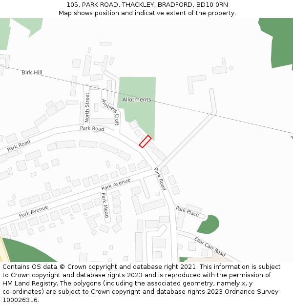 105, PARK ROAD, THACKLEY, BRADFORD, BD10 0RN: Location map and indicative extent of plot