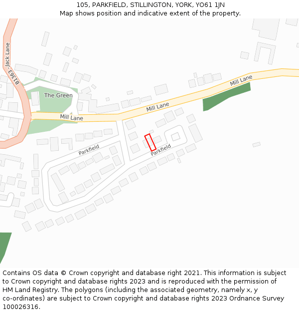 105, PARKFIELD, STILLINGTON, YORK, YO61 1JN: Location map and indicative extent of plot