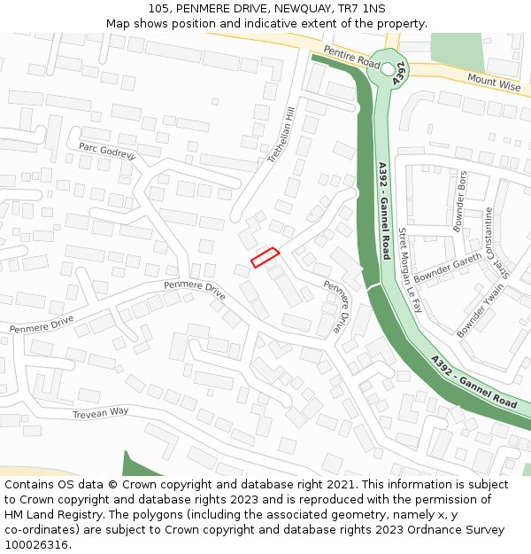 105, PENMERE DRIVE, NEWQUAY, TR7 1NS: Location map and indicative extent of plot