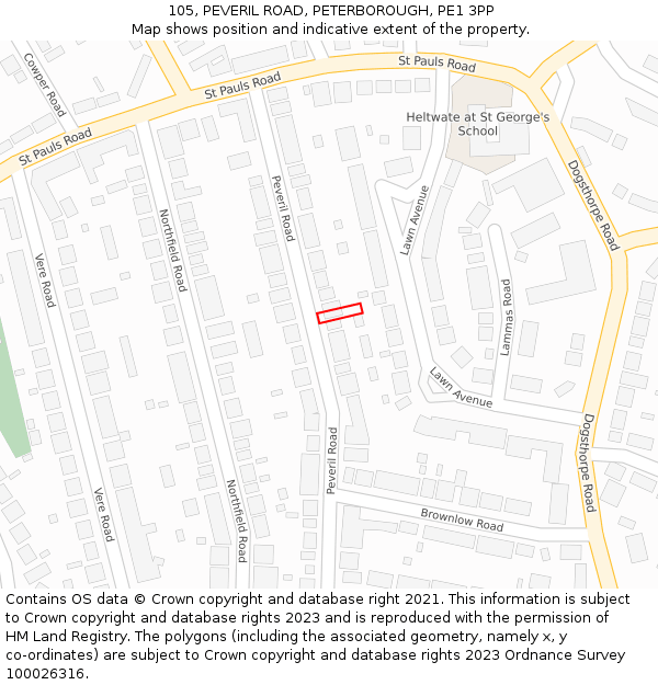 105, PEVERIL ROAD, PETERBOROUGH, PE1 3PP: Location map and indicative extent of plot