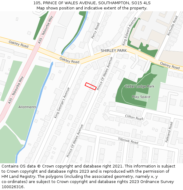 105, PRINCE OF WALES AVENUE, SOUTHAMPTON, SO15 4LS: Location map and indicative extent of plot