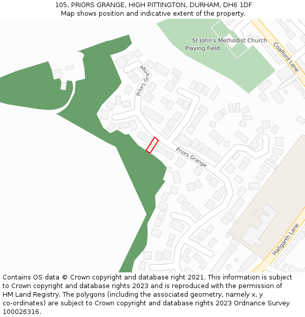 105, PRIORS GRANGE, HIGH PITTINGTON, DURHAM, DH6 1DF: Location map and indicative extent of plot