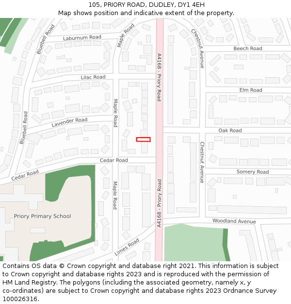 105, PRIORY ROAD, DUDLEY, DY1 4EH: Location map and indicative extent of plot