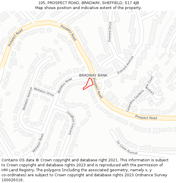 105, PROSPECT ROAD, BRADWAY, SHEFFIELD, S17 4JB: Location map and indicative extent of plot