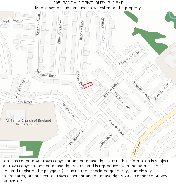 105, RANDALE DRIVE, BURY, BL9 8NE: Location map and indicative extent of plot