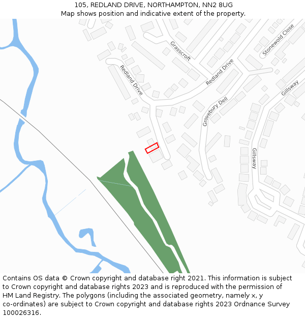 105, REDLAND DRIVE, NORTHAMPTON, NN2 8UG: Location map and indicative extent of plot