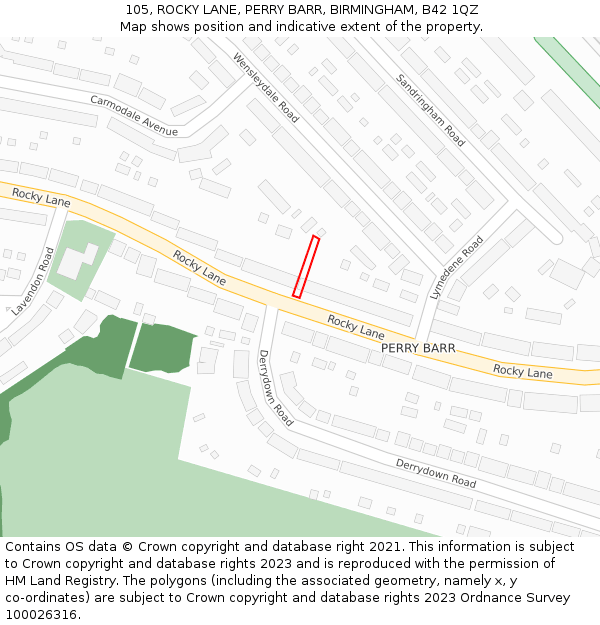 105, ROCKY LANE, PERRY BARR, BIRMINGHAM, B42 1QZ: Location map and indicative extent of plot