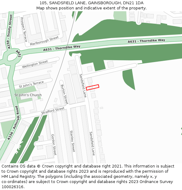 105, SANDSFIELD LANE, GAINSBOROUGH, DN21 1DA: Location map and indicative extent of plot