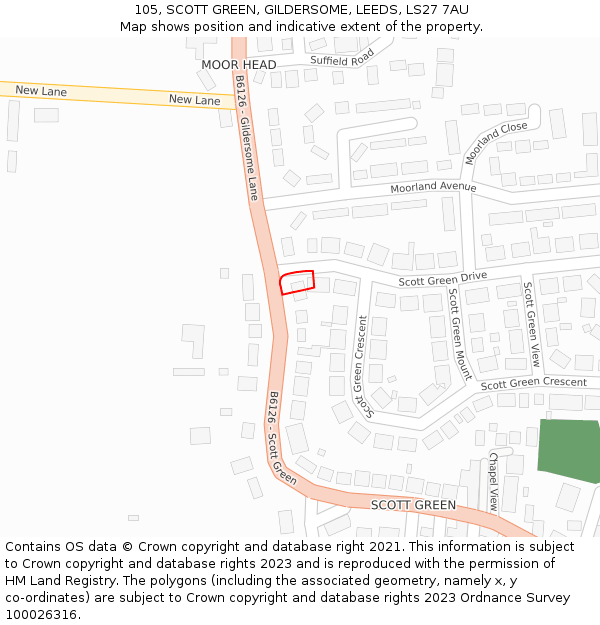 105, SCOTT GREEN, GILDERSOME, LEEDS, LS27 7AU: Location map and indicative extent of plot