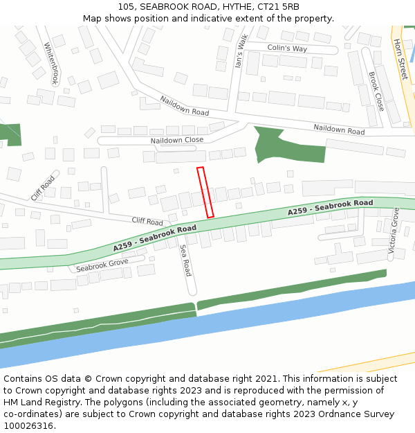 105, SEABROOK ROAD, HYTHE, CT21 5RB: Location map and indicative extent of plot
