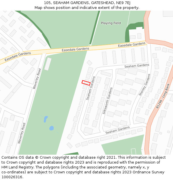 105, SEAHAM GARDENS, GATESHEAD, NE9 7EJ: Location map and indicative extent of plot