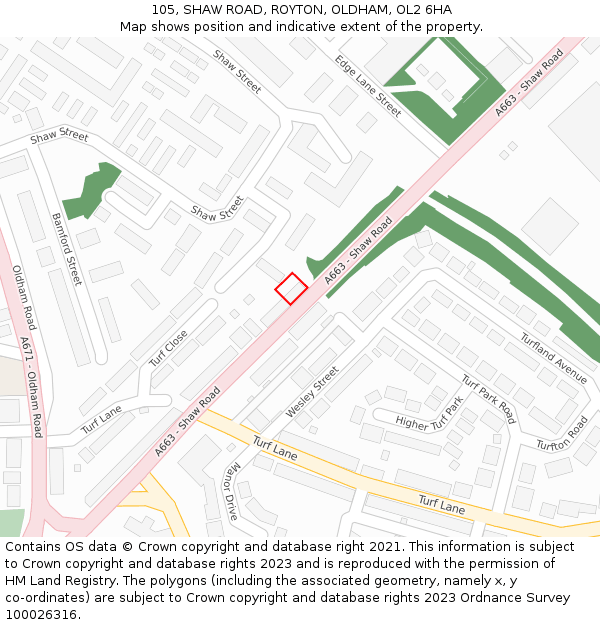 105, SHAW ROAD, ROYTON, OLDHAM, OL2 6HA: Location map and indicative extent of plot