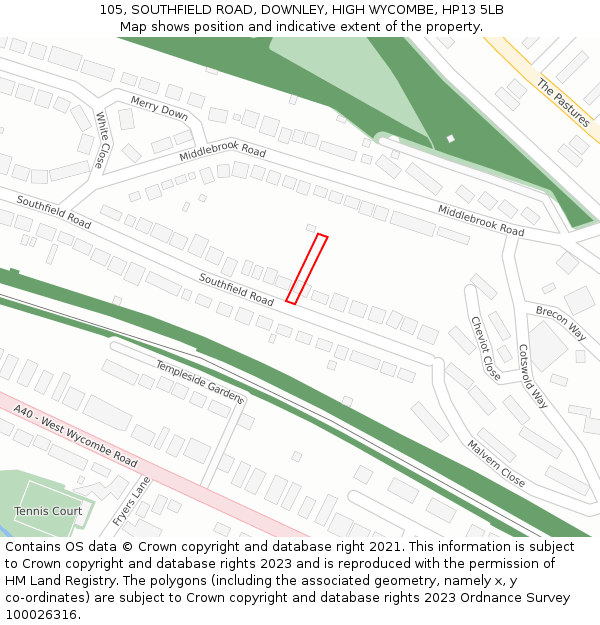 105, SOUTHFIELD ROAD, DOWNLEY, HIGH WYCOMBE, HP13 5LB: Location map and indicative extent of plot