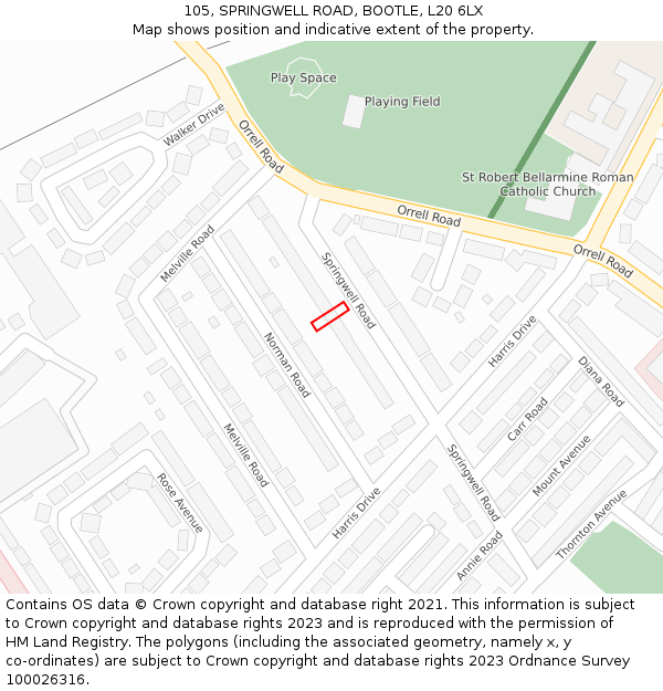 105, SPRINGWELL ROAD, BOOTLE, L20 6LX: Location map and indicative extent of plot