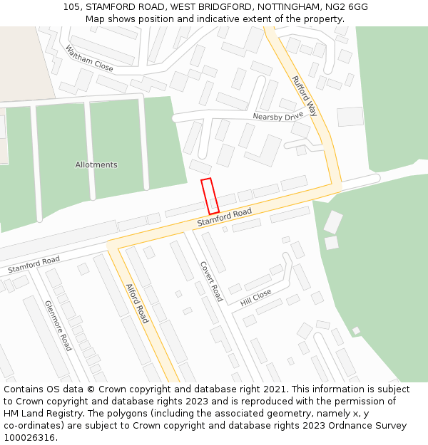 105, STAMFORD ROAD, WEST BRIDGFORD, NOTTINGHAM, NG2 6GG: Location map and indicative extent of plot