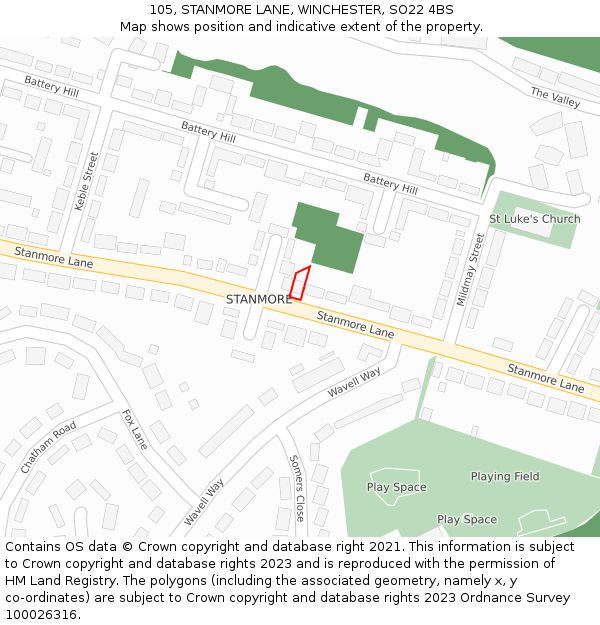 105, STANMORE LANE, WINCHESTER, SO22 4BS: Location map and indicative extent of plot