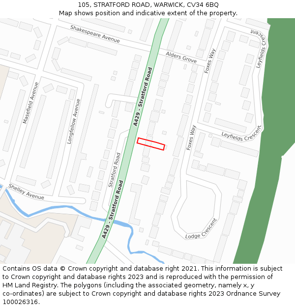 105, STRATFORD ROAD, WARWICK, CV34 6BQ: Location map and indicative extent of plot