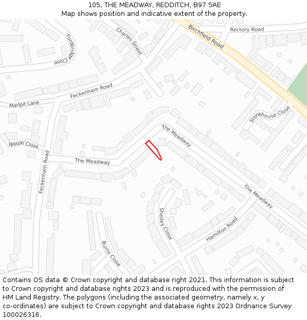 105, THE MEADWAY, REDDITCH, B97 5AE: Location map and indicative extent of plot