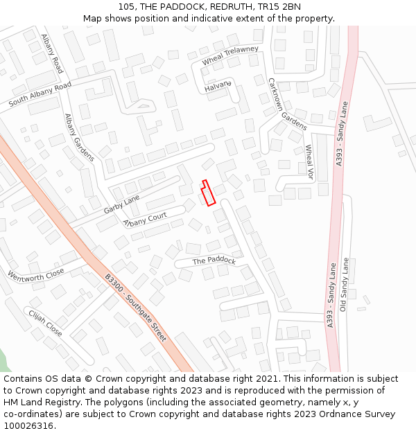 105, THE PADDOCK, REDRUTH, TR15 2BN: Location map and indicative extent of plot